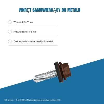 Wkręt samowiercący do metalu 6,3x22 mm, przewiercalność 6 mm, EPDM, 100 szt. – kolor do wyboru